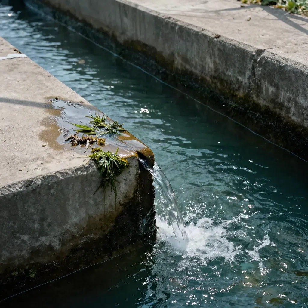 Beton savak ve dar sulama kanalı, köpüren akış, silt izleri ve ıslak yabani otlarla.